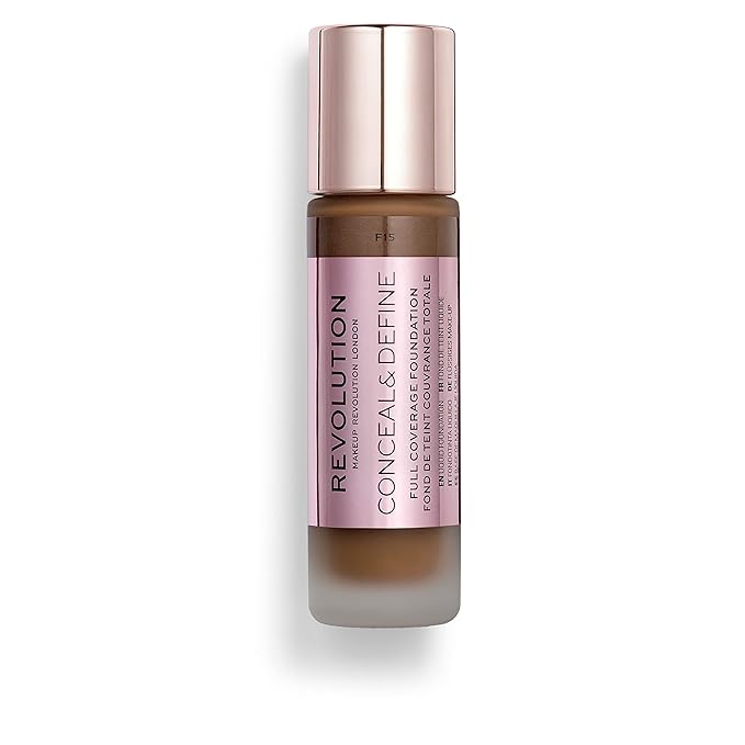 Makeup Revolution Conceal and Define Foundation, Full Coverage & Matte Finish, F15 for Dark Skin Tones, Vegan & Cruelty-Free, 0.7 Fl Oz-VivaGrace Women