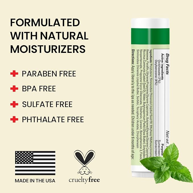 Original Udder Stick SPF Lip Balm, Soothing Moisturizer Sun Screen Balm for Dry Lips with Jojoba, Beeswax & Shea Butter, Total Lip Care, Hydration & Repair, Mint Flavor, 4 Pack-VivaGrace Women