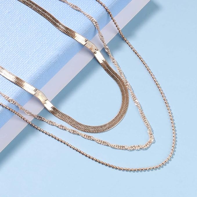 Punk Layered Chain Necklace Gold Flat Snake Chain Necklace Choker Vintage Herringbone Necklace Stacking Chunky Necklace Chain Jewelry for Women and Girls Gift-VivaGrace Women
