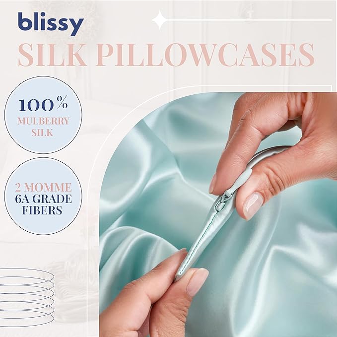 Blissy Silk Pillowcase - 100% Pure Mulberry Silk - 22 Momme 6A High-Grade Fibers - Silk Pillow Cover for Hair & Skin - Regular, Queen & King (Mint, King)-VivaGrace Women
