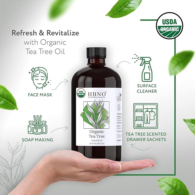HBNO Organic Tea Tree Oil - Huge 16 oz (475ml) Large Size - Ideal for Diffusers, Cleaning Agents, Deodorizers, and Flavoring Agents.-VivaGrace Women