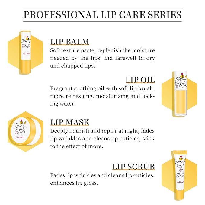 4 Piece Honey Milk Lip Mask Lip Balm Lip Scrub Lip Oil Lip Care Kit, Moisturizing & Nourishing Dry and Cracked Lips, Overnight Sleeping Lip Exfoliator Lip Moisturizer Lip Repair-VivaGrace Women