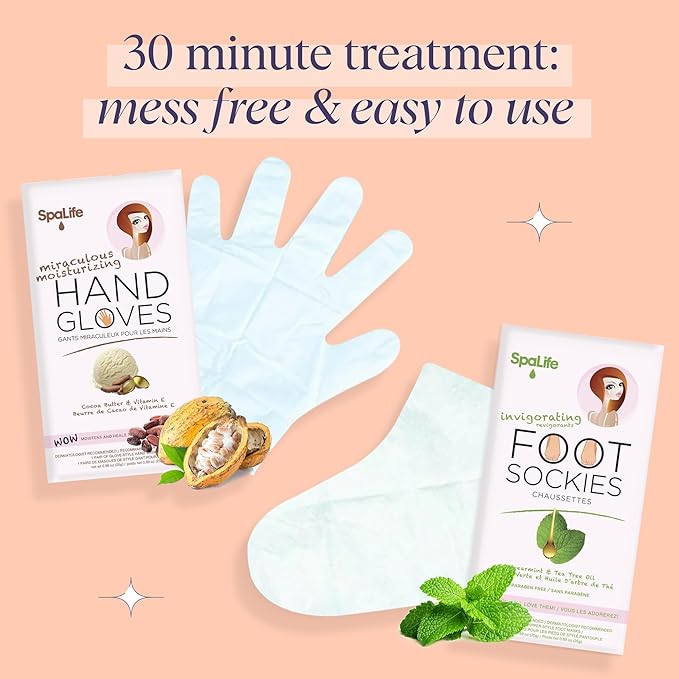 SpaLife Moisturizing Hand Gloves and Foot Sockies Bundle - 4 Hand Gloves & 4 Foot Sockies Set for Hydrating Dry, Cracked Hands and Feet - Repairing Skincare Mini Gift Set-VivaGrace Women