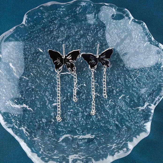 Vintage Butterfly Stud Earrings Silver Chain Tassel Dangle Earrings Black Butterfly Earrings Layer Chain Drop Earrings Jewelry for Women-VivaGrace Women