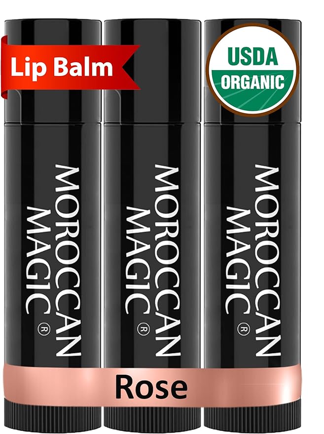 Moroccan Magic Organic Rose Lip Balm 3 Pack | Ultra-Hydrating Argan & Essential Oil Lip Moisturizer + Vitamin E | Natural Chapstick for Dry Lips | Smooth, Non-Toxic | Organic Lip Balm-VivaGrace Women