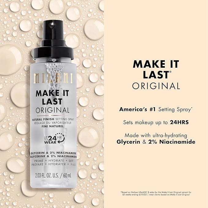 Milani Make It Last Original - Natural Finish Setting Spray 3-in-1 Setting Spray and Primer- Prime + Correct + Set Makeup Finishing Spray and Primer - Long Lasting Makeup Primer and Spray 2.03 Fl. Oz-VivaGrace Women