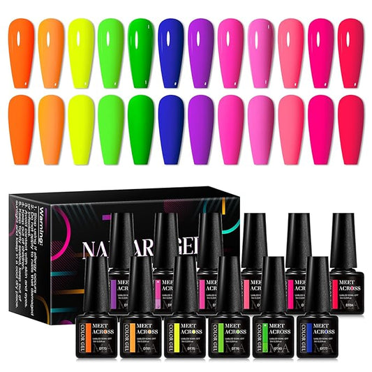 MEET ACROSS 12pcs Gel Nail Polish Set,Soak Off UV LED Lamp Gel Nail Polish Kit,Fashion Shimmer Nail Art Design Gifts for Women Manicure Salon (Neon series)