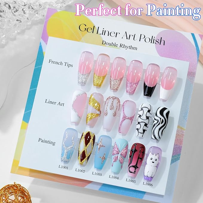 Double Rhythm 6 Pcs 15 ML Gel Liner Polish Nail Art Set Chrome Metallic Glitter Soak Off Gel Polish Kit Nail Art Manicure Salon DIY at Home for Women (Gold Silver Black White-T6-52)-VivaGrace Women