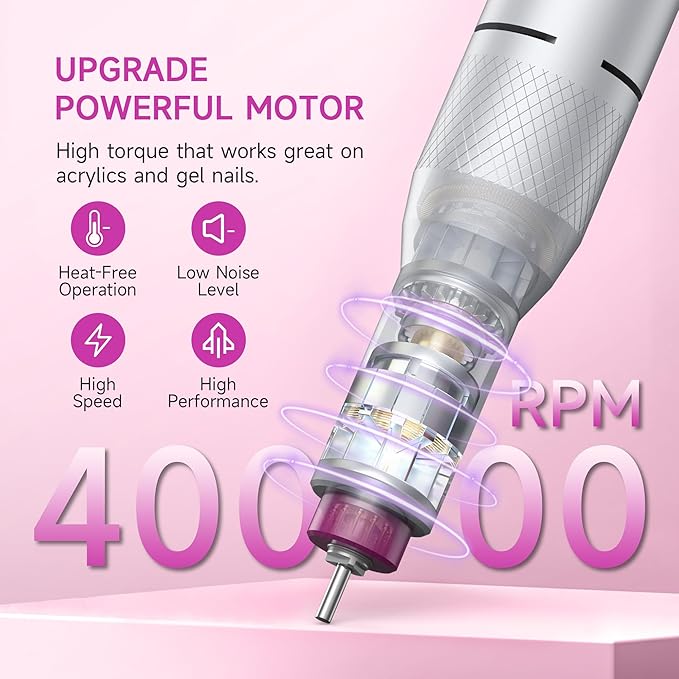 Electric Nail Drill Professional, Portable Nail File for Acrylic Gel Nails, Cordless Rechargeable Ultra Power Nail Drill Kit 40000RPM, HMC320 Salon-Grade Efile Nail Machine (White)-VivaGrace Women