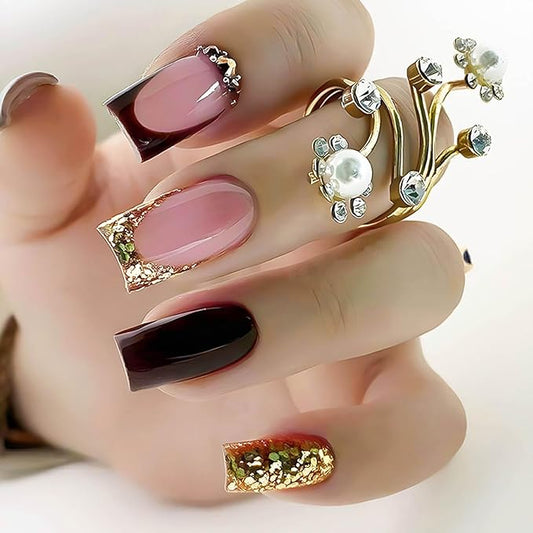 Medium Square Press on Nails French Tip Fake Nails Gold Glitter False Nails with Rhinestones Designs Sparkly Glue on Nails Acrylic Artificial Nails Cute Stick on Nails for Women 24Pcs
