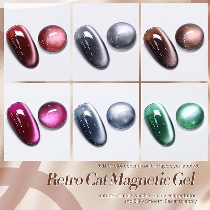 Born Pretty Cat Magnetic Eye Gel Nail Polish, Fall Winter Retro Cat Magnetic Gel, Pink Brown Blue Gray Green Magnetic Soak Off Nail Art Salon Manicure Home Gift 7ML 6PCS-VivaGrace Women