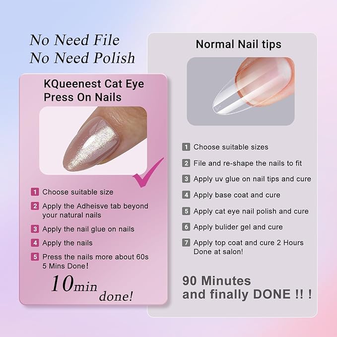 KQueenest Glitter Cat Eye Press on Nails Medium Short Almond, 30 Pcs Thick Cute Acrylic Nails Press on, Gel Fake Nails Short with UV Coating, Reusable Glue on Nails for Women Daily Wear, Nude Sparkle