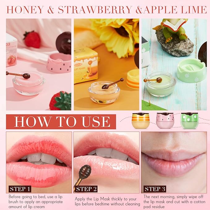 12 Pcs Bee Lip Balm Honey Pot with Brush Propolis Lip Mask Overnight, Moisturizing Hydrating Lip Sleeping Mask Prevention Dry and Cracked(Honey+Strawberry+Apple Lime)-VivaGrace Women