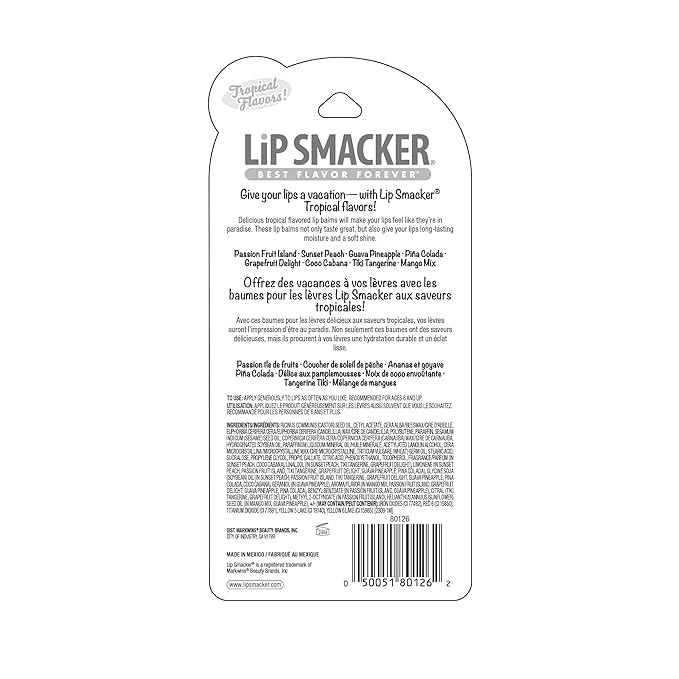 Lip Smacker Flavored Lip Balm Tropic Fever 8 Count (Pack of 1), Passion Fruit, Peach, Breezey-Teazey, Pina Colada, Grapefruit, Coca Cabana, Tangerine, Mango, Clear-VivaGrace Women