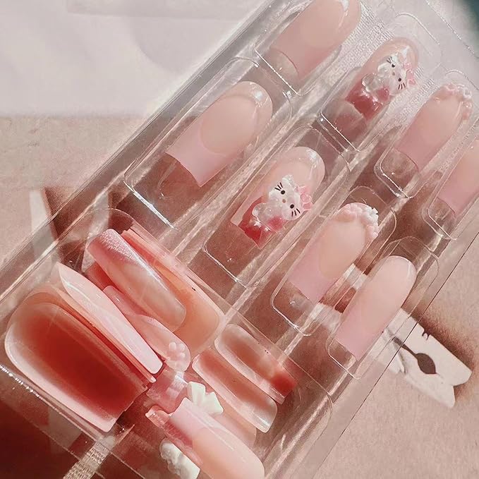 24Pcs French Tip Press on Nails Medium Pink False Nails with Bow Design, Cartoon Cute Nails Press ons Pink Stick on Nails Acrylic Nails Square False Nails for Women
