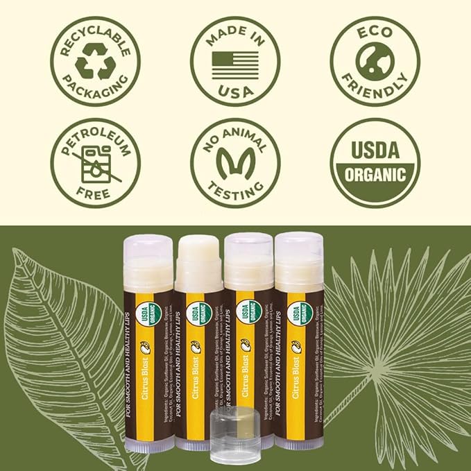 USDA Organic Lip Balm 4-Pack by Earth's Daughter - Citrus Flavor, Beeswax, Coconut Oil, Vitamin E - Best Lip Repair Chapstick for Dry Cracked Lips.-VivaGrace Women