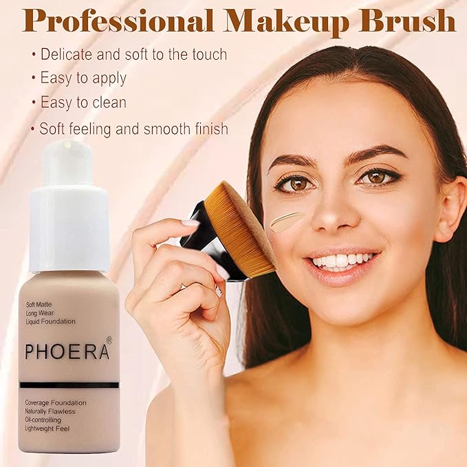 2 Pcs Liquid Foundation Full Coverage 24HR 30ml Matte Oil Control Foundation Makeup Concealer (Buff Beige & Sand) with Kabuki Foundation Brush Flat Top-VivaGrace Women