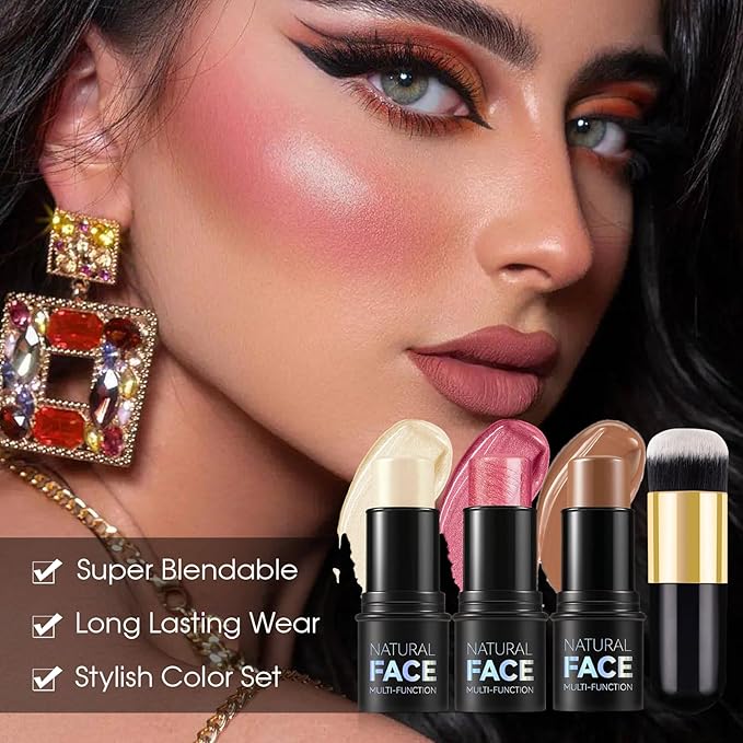 3Pcs Cream Contour Stick Makeup Kit - Cream Blush Stick Highlighter Stick Contour Bronzer Stick for Cheeks, Waterproof Long Lasting Blendable, Contour Stick Trio for Face Makeup (#01, 03, 04)-VivaGrace Women