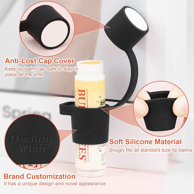 Desing Wish 2 PCS Silicone Lip Balm Holder with Cap Cover Portable Chapstick Holder Keychain Sleeve Lip Balm Key Chain with Key Ring and Wrist Strap Lanyard - Black-VivaGrace Women