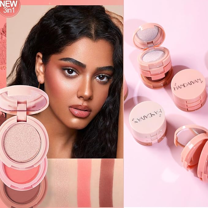 3-in-1 Blendable Trio, Contour and Highlight Blush Makeup Palette, Cream Bronzer, Silky Smooth Powder Blush, Shimmer Highlighter Makeup Powder, Pink Brown Eyeshadow Palette with Mirror(03)-VivaGrace Women
