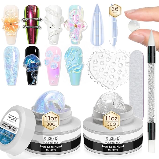 MIZHSE 2PCS Solid Builder Gel for Nails Kit: 30g/1oz Clear & Aurora Hard Gel for Nail with Nail Forms 3D Mold Soak off U V Builder Extension Gels for Women-VivaGrace Women