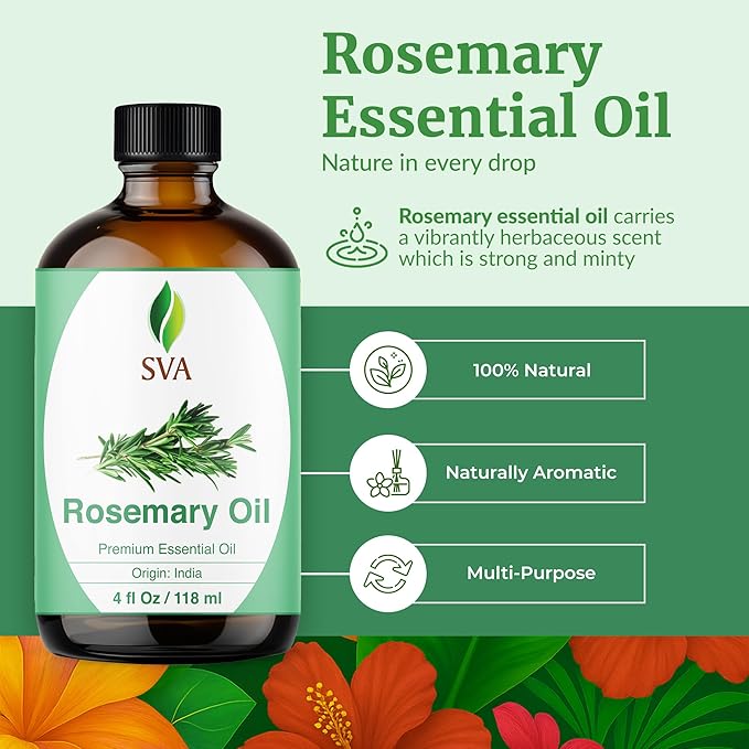 SVA Rosemary Essential Oil – 4 Fl Oz – 100% Natural Rosemary Oil for Hair, Face, Skin Care, Diffuser, Aromatherapy, Scalp, Body Massage, Soap and Candle Making – with Dropper-VivaGrace Women
