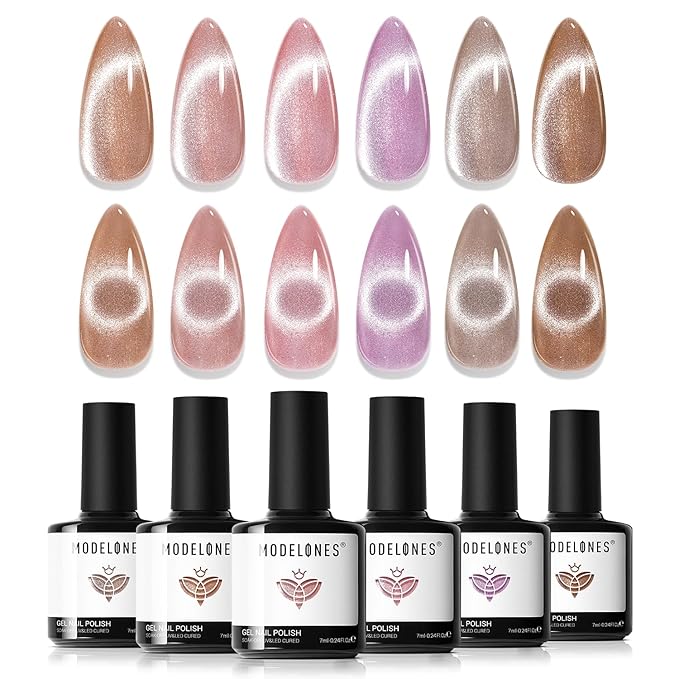 modelones Cat Eye Gel Nail Polish 6 Colors Nude Pink Brown Purple Cat Eye Nail Polish Glitter Semi-transparent Holographic 9D With Magnet Pastel All Seasons Soak Off Led Nail Art DIY Salon Gifts-VivaGrace Women