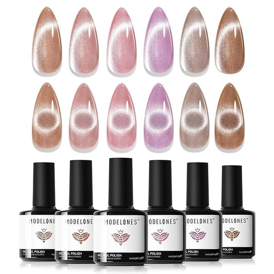 modelones Cat Eye Gel Nail Polish 6 Colors Nude Pink Brown Purple Cat Eye Nail Polish Glitter Semi-transparent Holographic 9D With Magnet Pastel All Seasons Soak Off Led Nail Art DIY Salon Gifts-VivaGrace Women