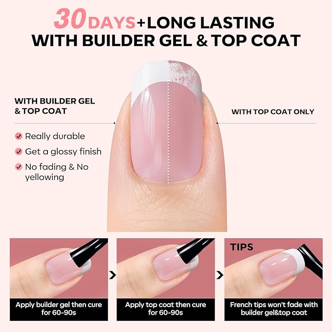 Modelones Gel Nail Kit, Top Coat, Nail Builder Gel, Press On Nails Kit with LED Light, 150 PCS Short Pink Square, 15 Sizes French Tip Press on Nails, Pre-Colored Nail Tips for Easy DIY Nail Art-VivaGrace Women
