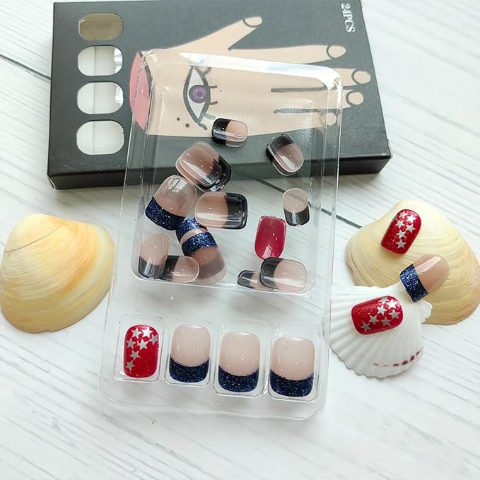 24Pcs 4th of July Press on Nails Short Square Fake Nails with Glitter American Flag Star Design Glue on Nails Blue French Tip False Nails Independence Day Patriotic Acrylic Nails Decoration Kit