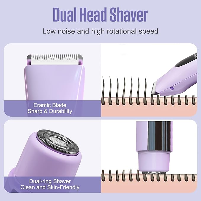 2 in 1 Bikini Trimmer for Women Dual Head Electric Shaver with LED Display,IPX7 Waterproof Wet & Dry, Painless Shaver for Underarm Leg Arm Body Face Private Area Purple-VivaGrace Women