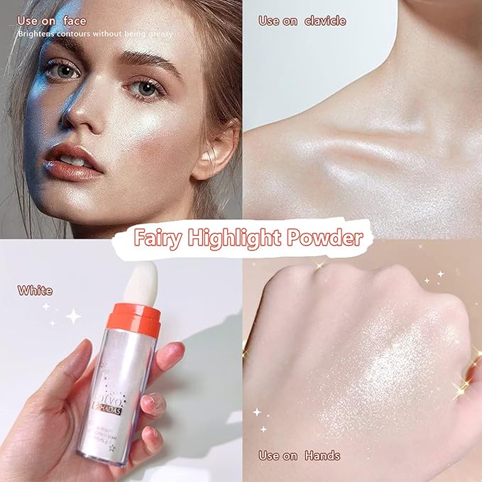 Polvo De Hadas Highlighter Powder Stick Body Shimmer Glitter Makeup, High Gloss Sparkle Highlight Powder for Face Eyes Lips Hair Body Cosmetic Tiktok Makeup - White Moonbeam-VivaGrace Women