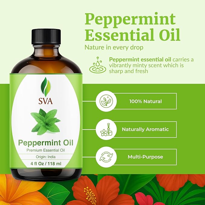 SVA Peppermint Essential Oil – 4 Fl Oz – 100% Natural Peppermint Oil - for Diffuser, Hair Care, Face, Skin Care, Aromatherapy, Scalp and Body Massage, Soap and Candle Making - with Dropper-VivaGrace Women
