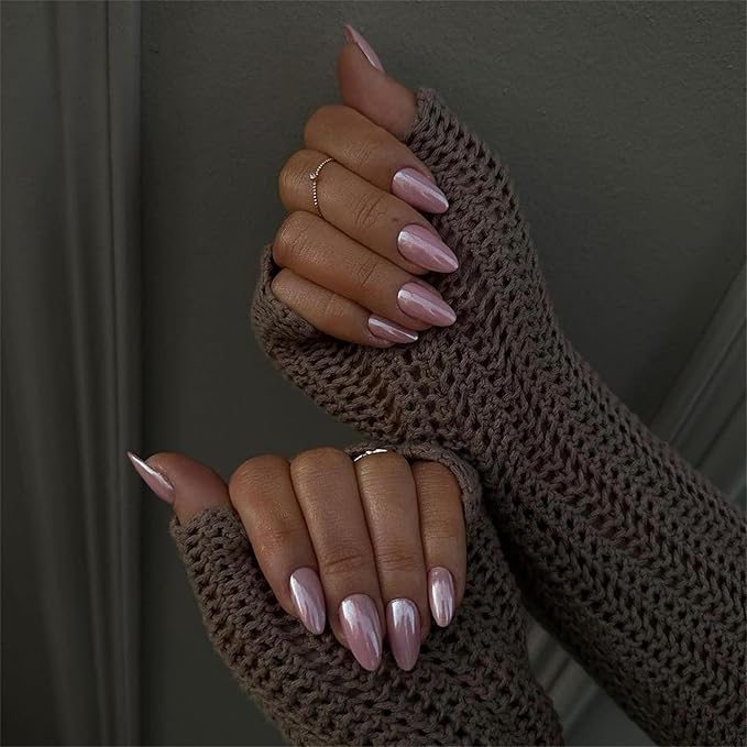 Pink Chrome Press on Nails Almond Medium Fake Nails with Designs Full Cover False Nails Glossy Glue on Nails for Women and Girls