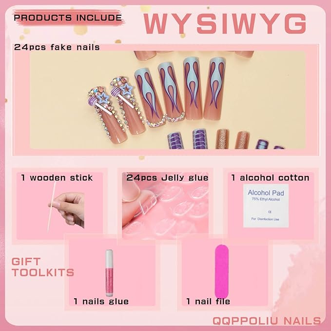 Press on Nails Long Square Purple Fake Nails with Design Full Cover Nails (Purple)