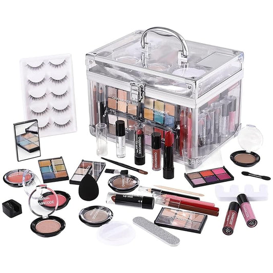 Makeup Kit for Women Full Kit - Eyeshadow Palette, Lipsticks, Lipgloss, Blushes, Contour, Highlighters, Makeup Pencil, False Eyelashes, Re-usable Train Case Gift Set for Teen Girls Starters Pros-VivaGrace Women
