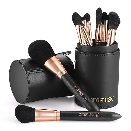 OMANIAC Makeup Brush Set Professional, 12 Pearlescent Wood Handle Makeup Brushes, Premium Cruelty-Free Synthetic Fiber Hair, Travel Make up Brushes Set with Case (Black).-VivaGrace Women