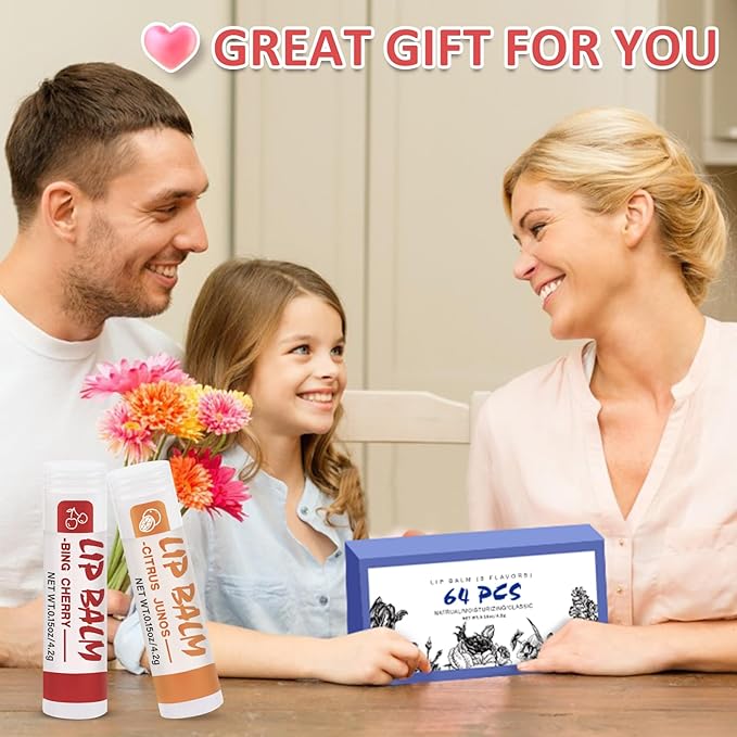 64 Pack Lip Balm, Natural Lip Balm Bulk with Vitamin E and Coconut Oil, Moisturizing Soothing Chapped Lips-8 Flavors-VivaGrace Women