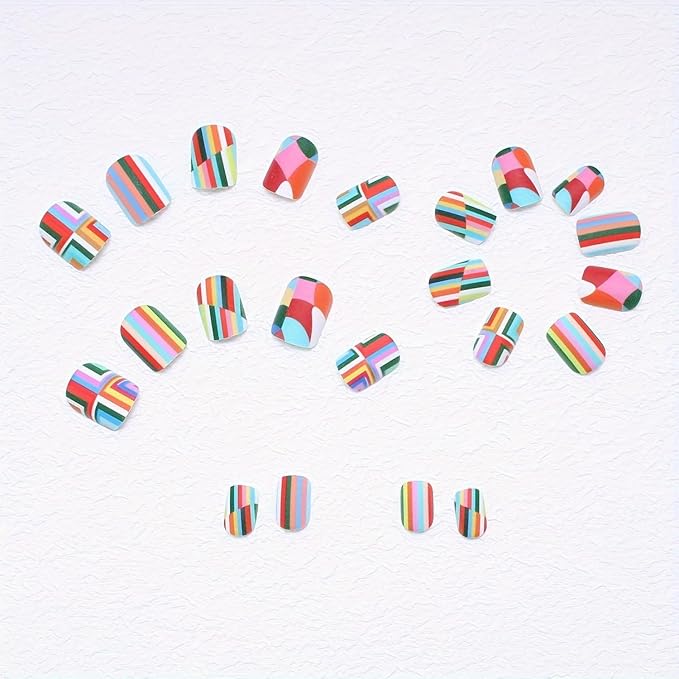 24 Pcs Press on Nails Short Rainbow Fake Nails Square False Nails Design Colorful Stripes and lozenge Designs Glossy Artificial Nail Art Reusable Stick on Nails Kit for Women - 24 Pcs in 12 Sizes