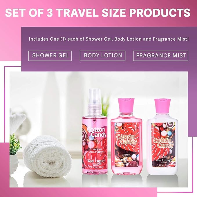 Bath & Body Care Travel Set - Home Spa Set with Body Lotion, Shower Gel and Fragrance Mist, Valentines Day Gifts for Her and Him(Cotton Candy)-VivaGrace Women
