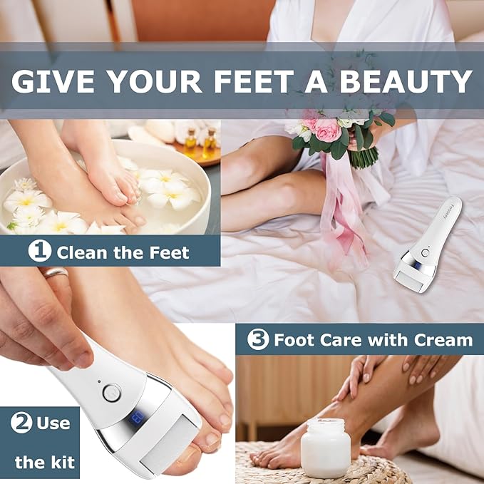 Upgraded Electric Foot Callues Remover, Portable Electric Foot Files with 3 Heads, Rechargeable Feet File for Foot Care, Waterproof Deadskin Remover, Pedicure Tool for Dry and Crack Feet-VivaGrace Women