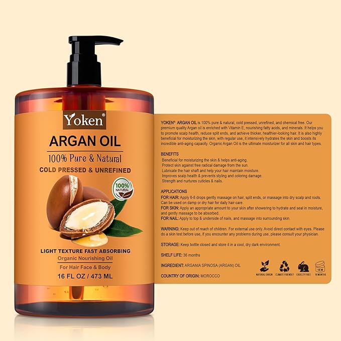 Yoken Argan Oil for Hair, Pure and Natural Morocco Argan Oil, Argon Oil For Hair, Scalp, Face & Skin Care, 100% Cold Pressed Hair Conditioner, Unrefined Argon Nails Carrier Oil (16 Fl Oz)-VivaGrace Women