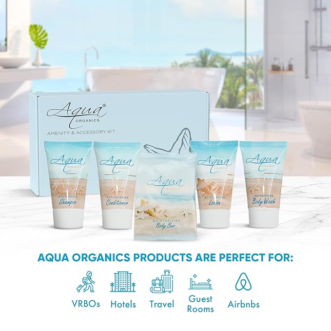 1-Shoppe All-In-Kit|Aqua Organics Amenity Kit|Boxed Hotel Toiletries|Bulk Set 1oz Travel Size Shampoo,Conditioner,Lotion,Body Wash & Bar Soap for Guest Hospitality AirBnB/Vacation Rentals|5 Pieces-VivaGrace Women