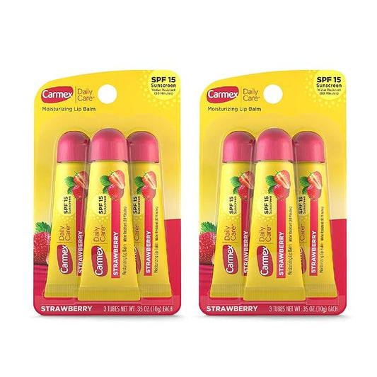 Carmex Daily Care Moisturizing Lip Balm with SPF 15, Strawberry Lip Balm Tubes, 0.35 OZ Each - 3 Count (Pack of 2)-VivaGrace Women