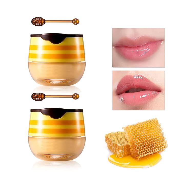 2Pcs Honey Pot Bee Lip Balm with Honey Spoon,Honey Lip Sleeping Mask Overnight 24HR Repair Lip Reduces Lip Lines,Exfoliator Moisturizing Moisture Dry & Chapped Lip Care Products-VivaGrace Women