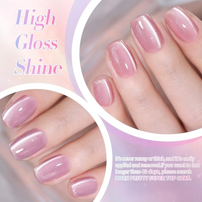 Born Pretty Magnetic Gel Nail Polish Water Light Cat Magnetic Eye Jelly Pink Glass Crystal Gel Polish Glitter Shimmer Auroras Nail Polish LED Nail Art Manicure Kit 6PCS-VivaGrace Women