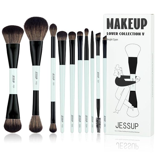 Jessup Makeup Brushes Set 10pcs, Double Sided Foundation Contour Blush Highlight Blending Eyebrow Brush Eyeshadow Eyeliner Concealer Brush, Bright Cyan Cruelty Free Cosmetic Tools T500-VivaGrace Women