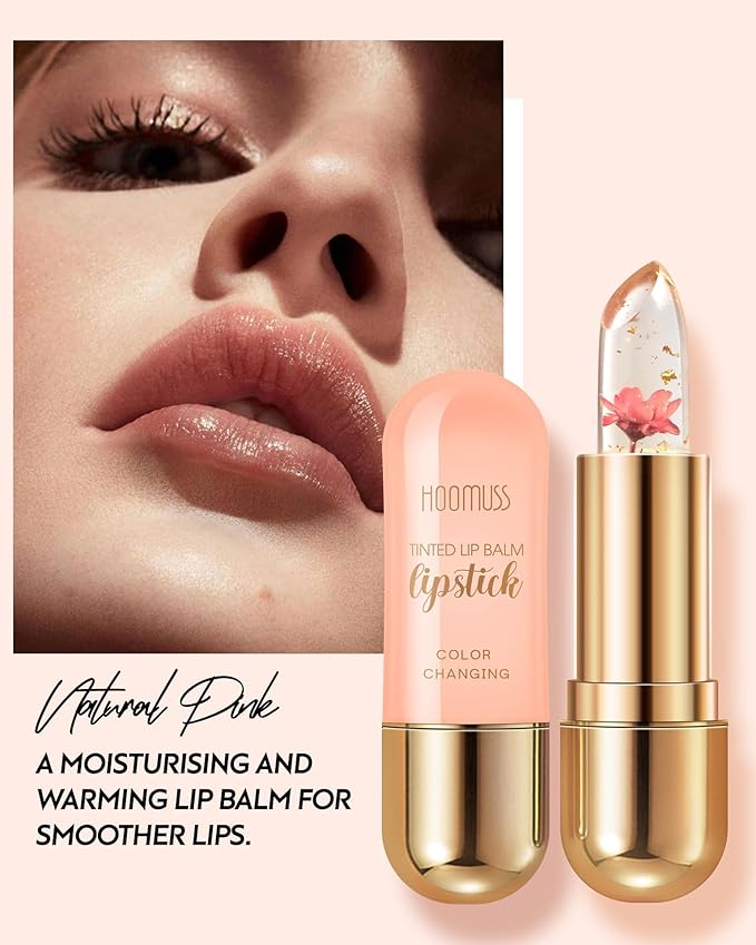 Tinted Lip Balm, Flower Lipstick Tinted Lip Gloss Long Lasting PH Lipstick, Color Changing Lipstick Natural Chapstick, Glitter Pink Shade Lipstick, Pink Flower-VivaGrace Women