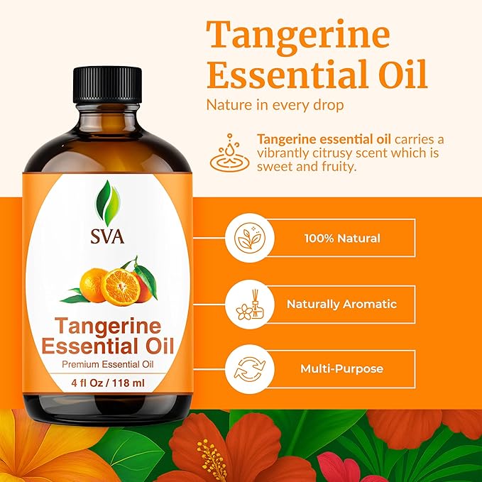 SVA Tangerine Essential Oil – 4 Fl Oz – 100% Natural Tangerine Oil - for Diffuser, Hair Care, Face, Skin Care, Aromatherapy, Scalp and Body Massage, Soap and Candle Making – with Dropper-VivaGrace Women