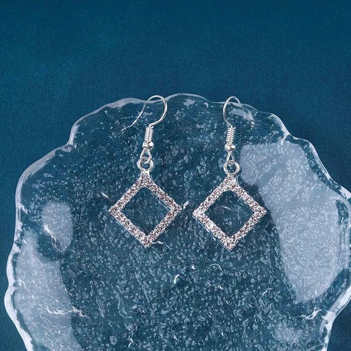 Vintage Crystal Square Drop Earrings Rhinestone Square Dangle Earrings Hollow Square Hook Earrings Silver Sparkly Cz Square Earrings Jewelry for Women-VivaGrace Women